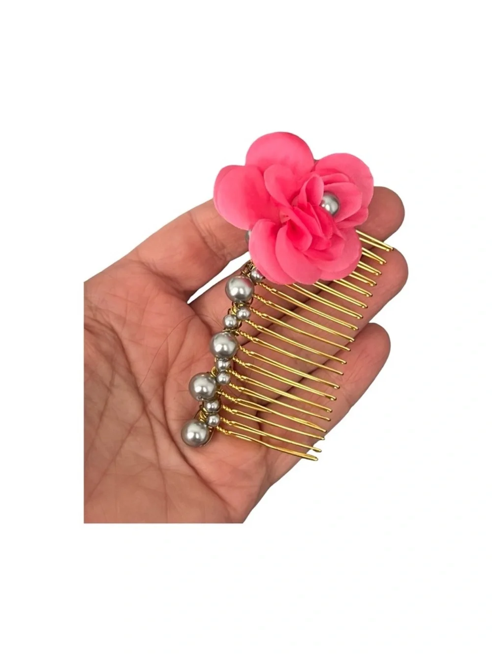 Gold Tone Hair Comb Pink Fabric Flower Silver Pearl Accents FINAL PRICE DROP